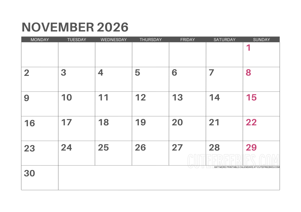 November 2026 Monday calendar free printable monthly planner #cutefreebiesforyou - SEE PREVIOUS POST TO DOWNLOAD THE COMPLETE 2026 CALENDAR PLANNER