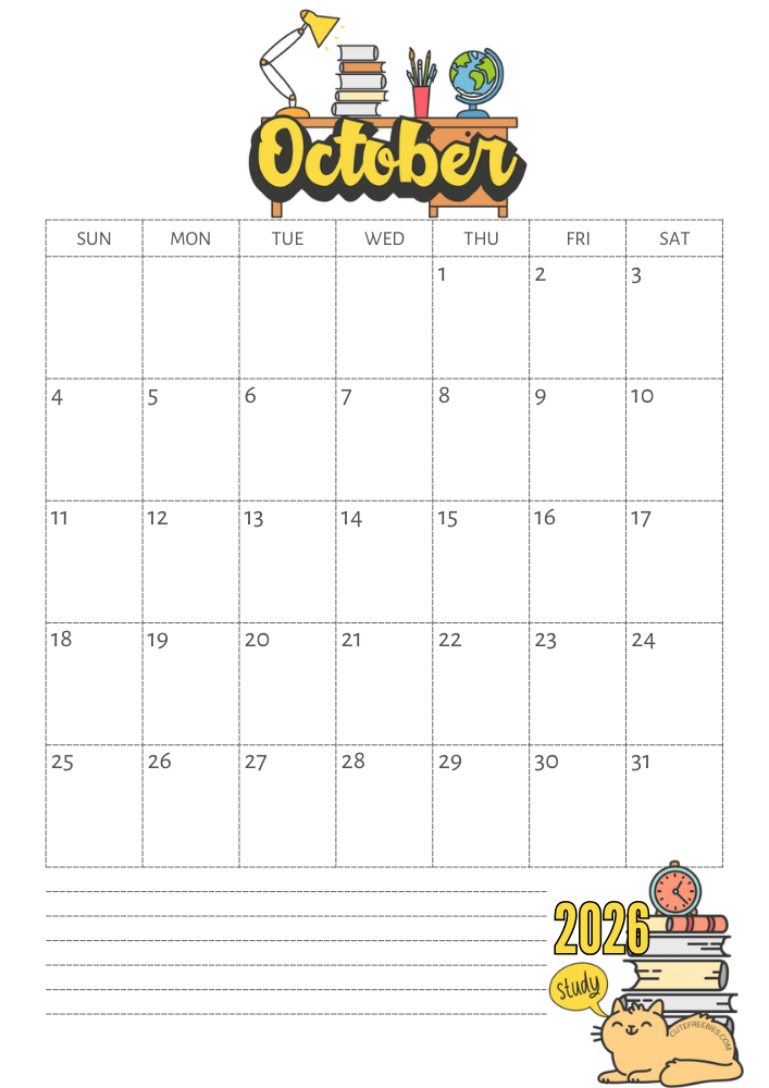 October 2026 calendar, free printable school calendar for 2026 - SEE PREVIOUS POST TO GET THE COMPLETE 2026 MONTHLY CALENDAR PDF