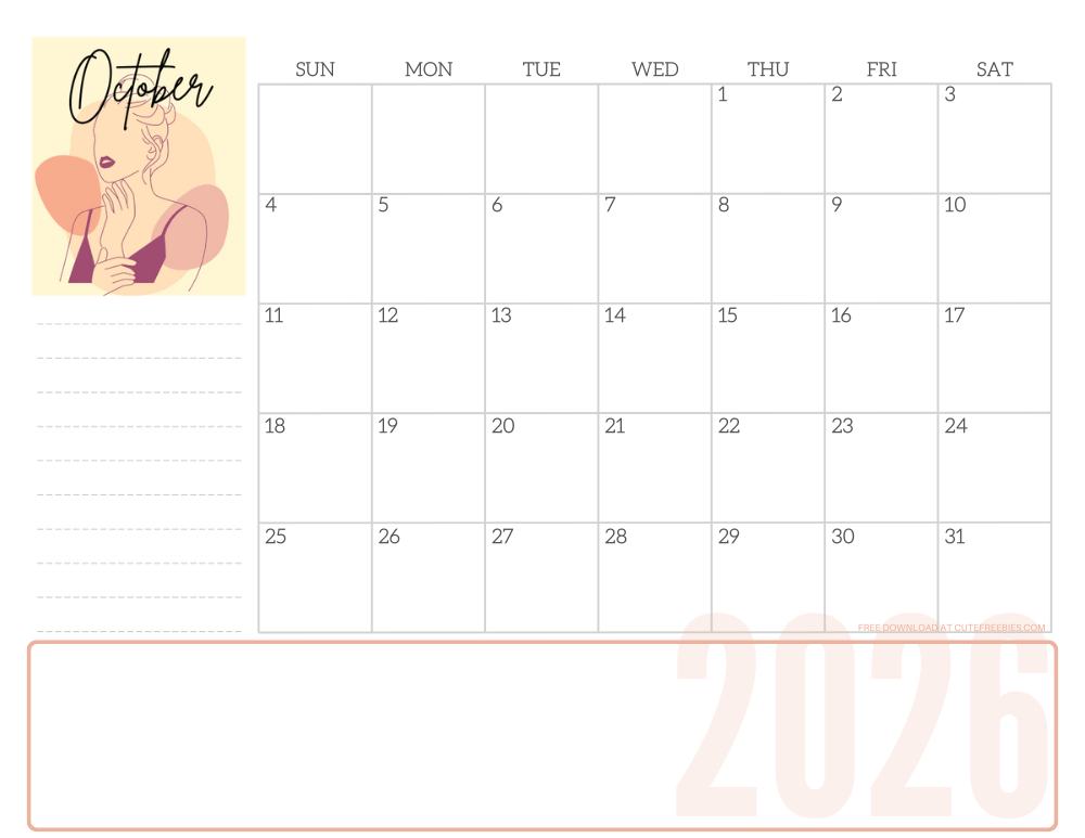 October 2026 line art calendar for women - free printable monthly planner - CLICK PREVIOUS POST TO DOWNLOAD THE COMPLETE 2026 CALENDAR