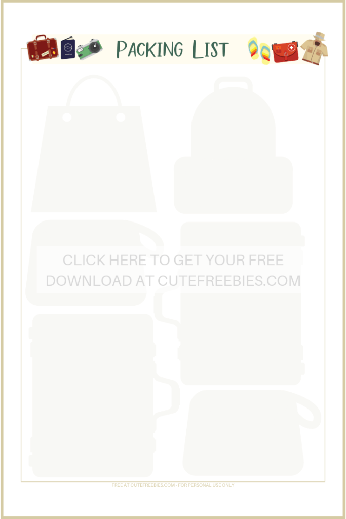 Free printable packing list - things to bring page from your Free Printable Travel Planner And Journal Stickers. #bulletjournal #travel #wanderlust #freeprintable #travelplanner #cutefreebiesforyou