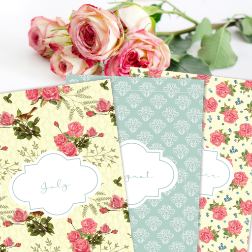 Free Printable Binder Covers And Binder Dividers - 12 shabby chic roses binder covers plus 12 monthly planner dividers. #freeprintable #cutefreebiesforyou #diyplanner #shabbychic #roses