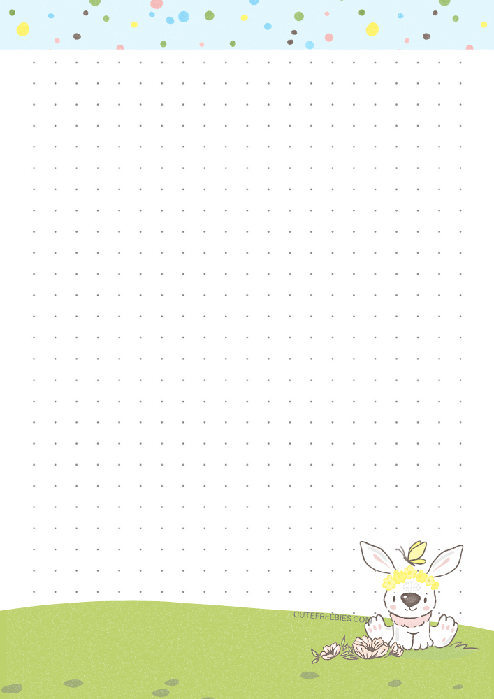 Free printable dot grid bullet journal - stationery note pad with cute spring bunnies theme #cutefreebiesforyou #printableplanner #freeprintable #bulletjournal #easter