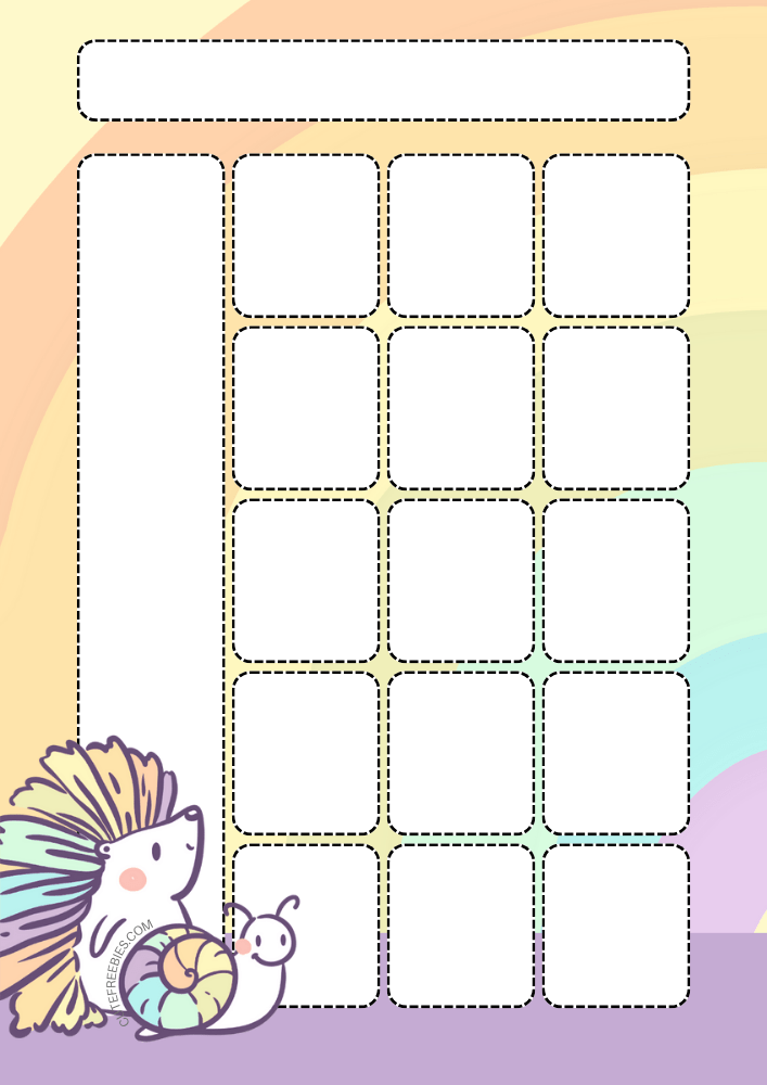 Free printable monthly calendar spread PDF template with rainbow theme and colorful animals