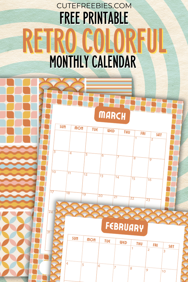 Free Colorful Retro Calendar for 2025 - free printable monthly calendar with bright retro theme #cutefreebiesforyou #freeprintable #2025calendar