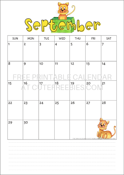 Free Printable September 2019 Calendar PDF - 2019 monthly calendar that you may download for free! #freeprintable #cutefreebiesfor you #catlover