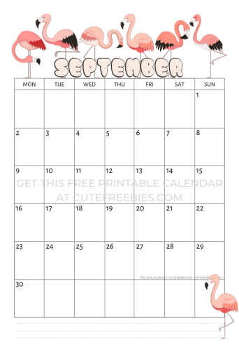 September 2019 calendar with flamingo free printable #flamingo #pink #pinkflamingo #cutefreebiesforyou 
