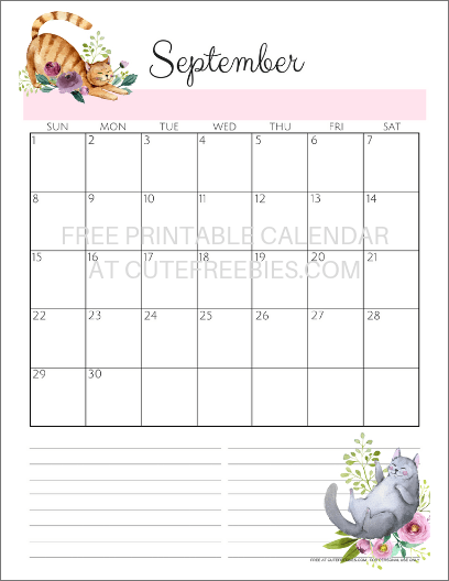 Free Printable September 2019 Calendar PDF - 2019 monthly calendar that you may download for free! #freeprintable #cutefreebiesfor you #catlover