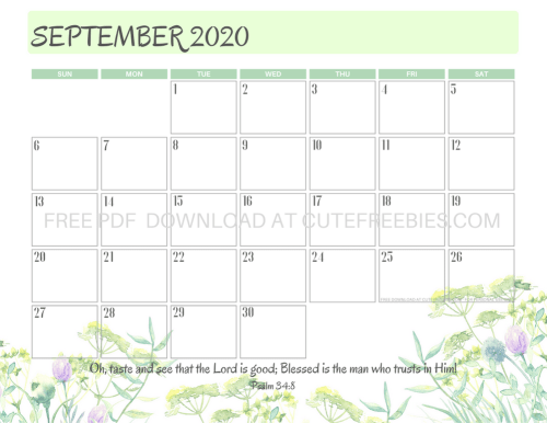 September 2020 calendar free printable pdf download. #cutefreebiesforyou #bibleversefortheday #bibleverse #freeprintable