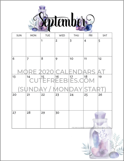 September 2020 Calendar Free Printable - Monthly planner printable with crystal gems. A4 A5 and US Letter size. Free pdf download now! #cutefreebiesforyou #freeprintable #crystals #bujomonthly #gems