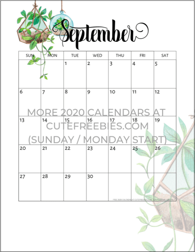 September 2020 calendar free printable with plants design