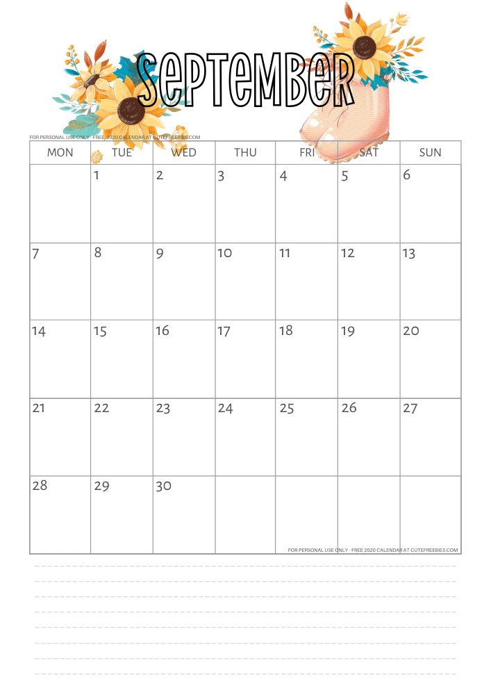 Free printable September 2020 calendar with sunflowers, autumn leaves, autumn calendar #cutefreebies