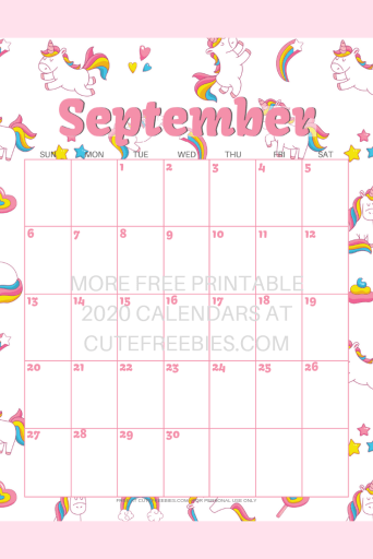 September 2020 calendar with unicorns #unicorn #freeprintable #cutefreebiesforyou