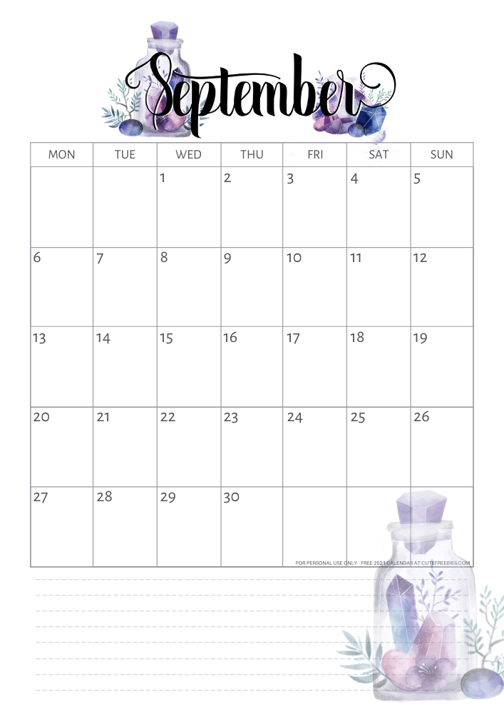 September 2021 calendar - free printable monthly calendar with purple crystals (SEE PREVIOUS POST DO DOWNLOAD THE PDF)