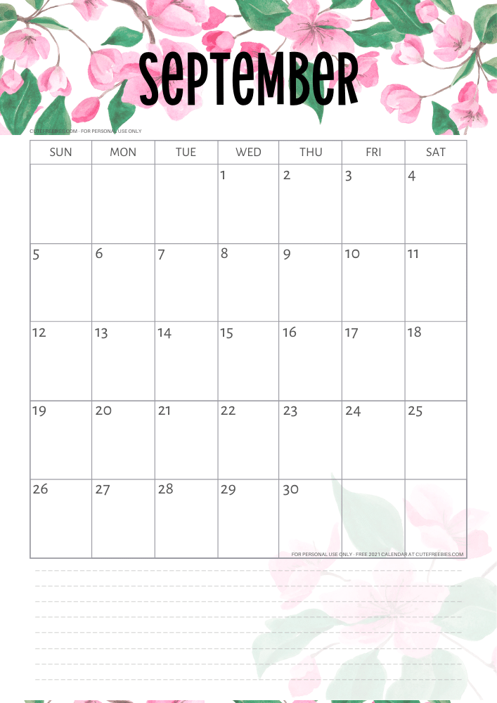 September 2021 free printable calendar with pink cherry blossoms #cutefreebiesforyou - SEE PREVIOUS POST TO DOWNLOAD THE FREE PDF FILE