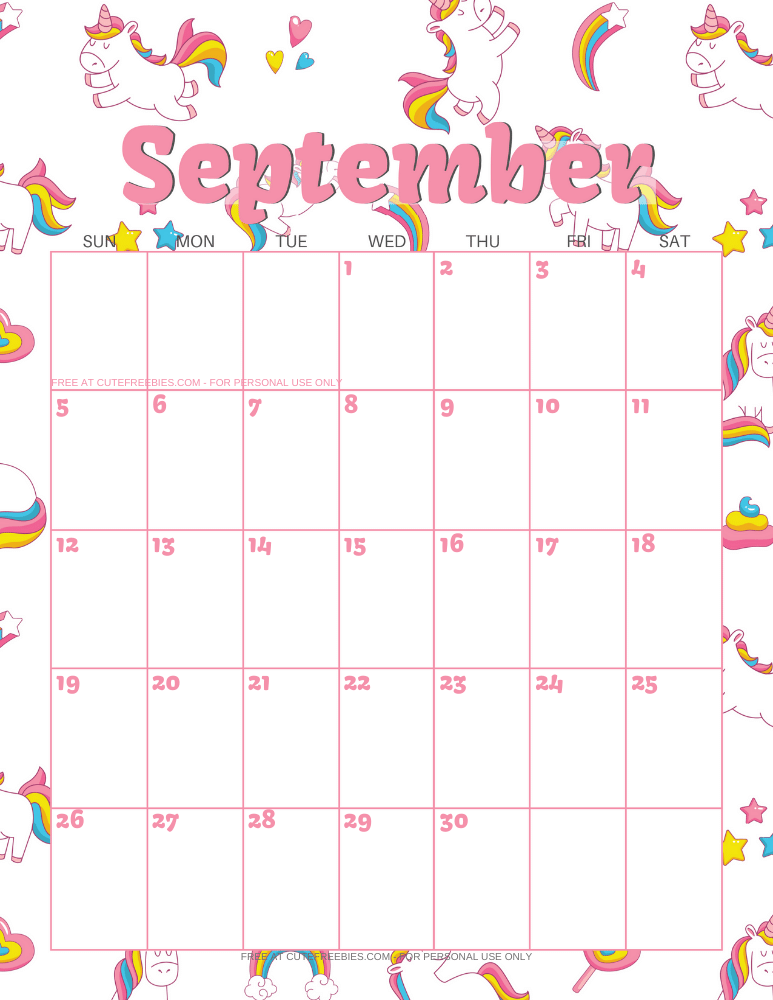 September 2021 calendar with unicorns #unicorn #freeprintable #cutefreebiesforyou