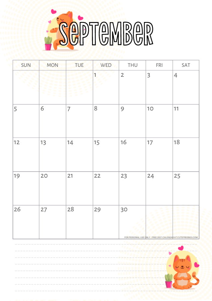 September 2021 calendar yoga cat free printable #cutefreebiesforyou - SEE PREVIOUS POST TO DOWNLOAD THE FREE PDF FILE