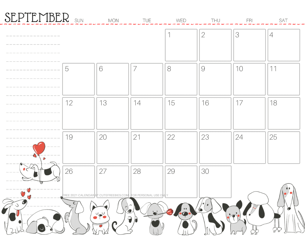 September 2021 calendar cute dog free printable #cutefreebiesforyou SEE PREVIOUS POST TO DOWNLOAD THE FREE PDF FILE