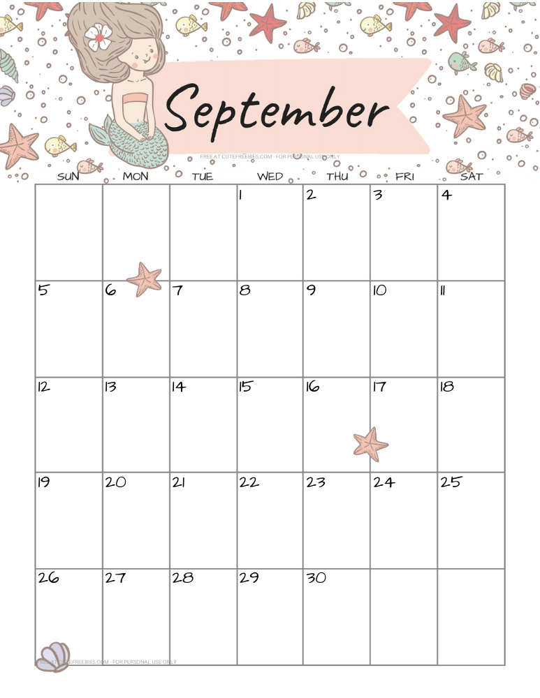 September 2021 calendar with cute mermaid #cutefreebiesforyou #mermaid #freeprintable