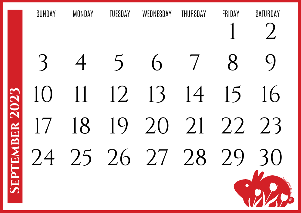 September 2023 Year of the rabbit calendar - Free printable Chinese New Year monthly calendar #cutefreebiesforyou - SEE PREVIOUS POST TO DOWNLOAD THE COMPLETE 2023 CALENDAR