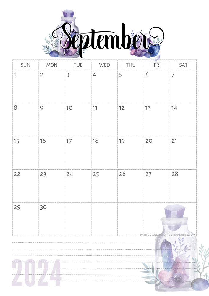 September 2024 calendar - free printable monthly calendar with purple crystals (SEE PREVIOUS POST TO DOWNLOAD THE COMPLETE 2024 CALENDAR)