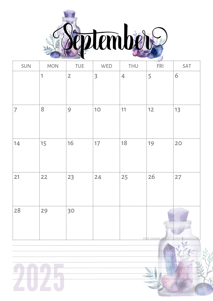 September 2025 calendar - free printable monthly calendar with purple crystals (SEE PREVIOUS POST TO DOWNLOAD THE COMPLETE 2025 CALENDAR)
