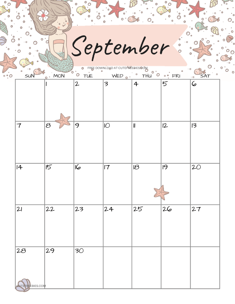 September 2025 monthly calendar with cute mermaid #cutefreebiesforyou #mermaid #freeprintable SEE PREVIOUS POST TO DOWNLOAD THE COMPLETE 2025 CALENDAR