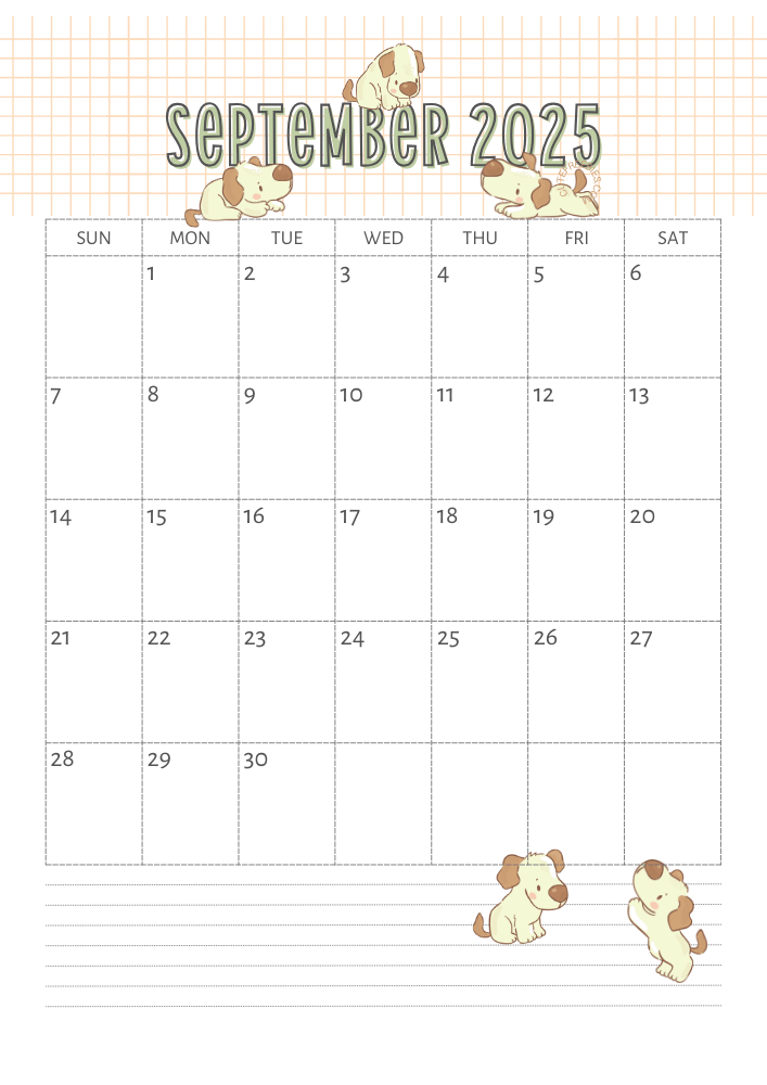 September 2025 calendar for kids cute dogs free printable #cutefreebiesforyou SEE PREVIOUS POST TO DOWNLOAD THE COMPLETE 2025 CALENDAR