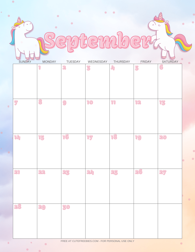 SEPTEMBER 2025 calendar with unicorns #unicorn #freeprintable #cutefreebiesforyou #2025