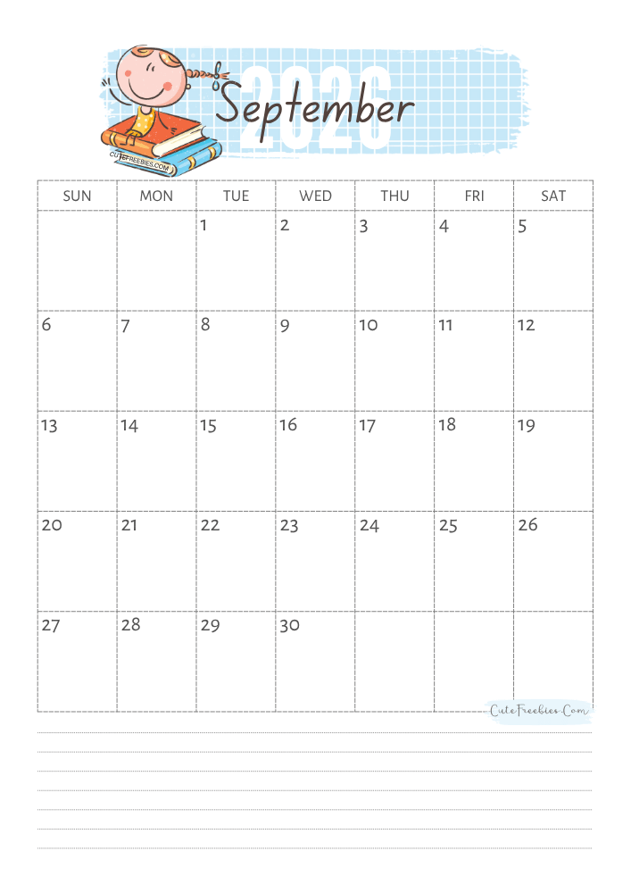 September 2026 cute calendar for kids - free printable monthly planner #cutefreebiesforyou - SEE PREVIOUS POST TO DOWNLOAD THE COMPLETE 2026 CALENDAR