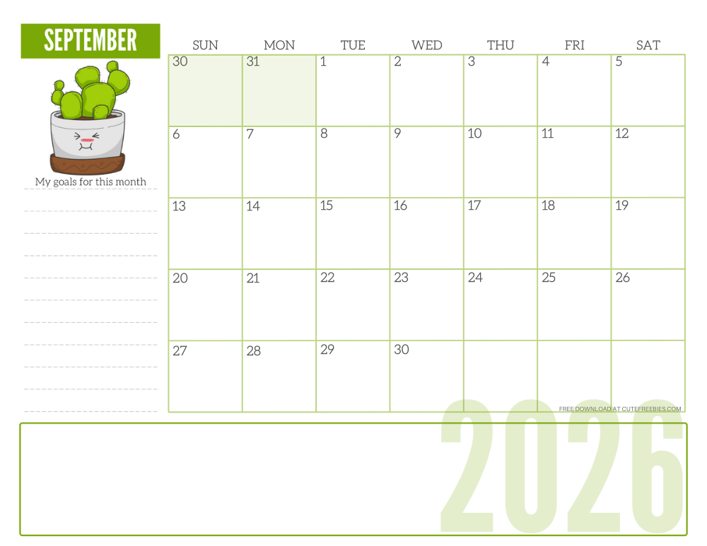 September 2026 cute monthly planner with plant - free printable 2025 cute calendar for plant lovers #freeprintable #cutefreebiesforyou SEE PREVIOUS POST TO DOWNLOAD THE COMPLETE 2026 CALENDAR #2026