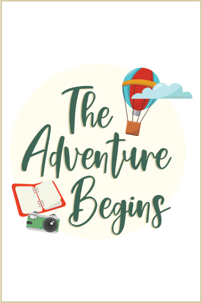 The Adventure Begins! Free Printable Travel Planner And Journal Stickers - travel journal cover. #bulletjournal #travel #wanderlust #freeprintable #travelplanner #cutefreebiesforyou