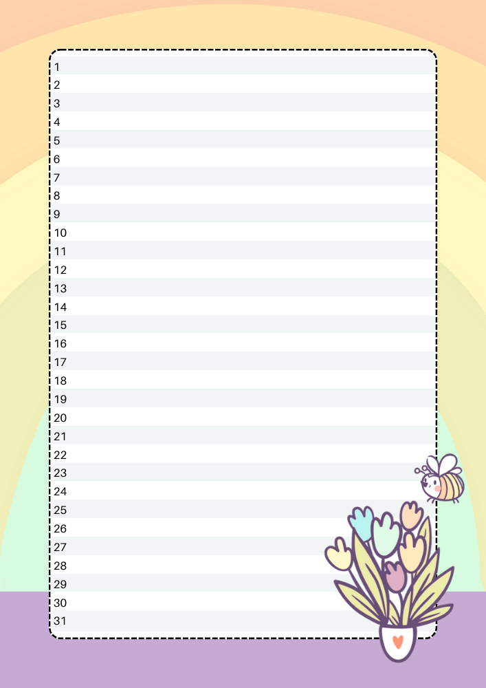 Free printable bullet journal timeline PDF template with rainbow theme and colorful animals